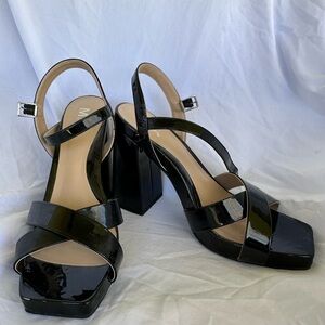 MIA Black Patent Block Heel Slingback Sandals